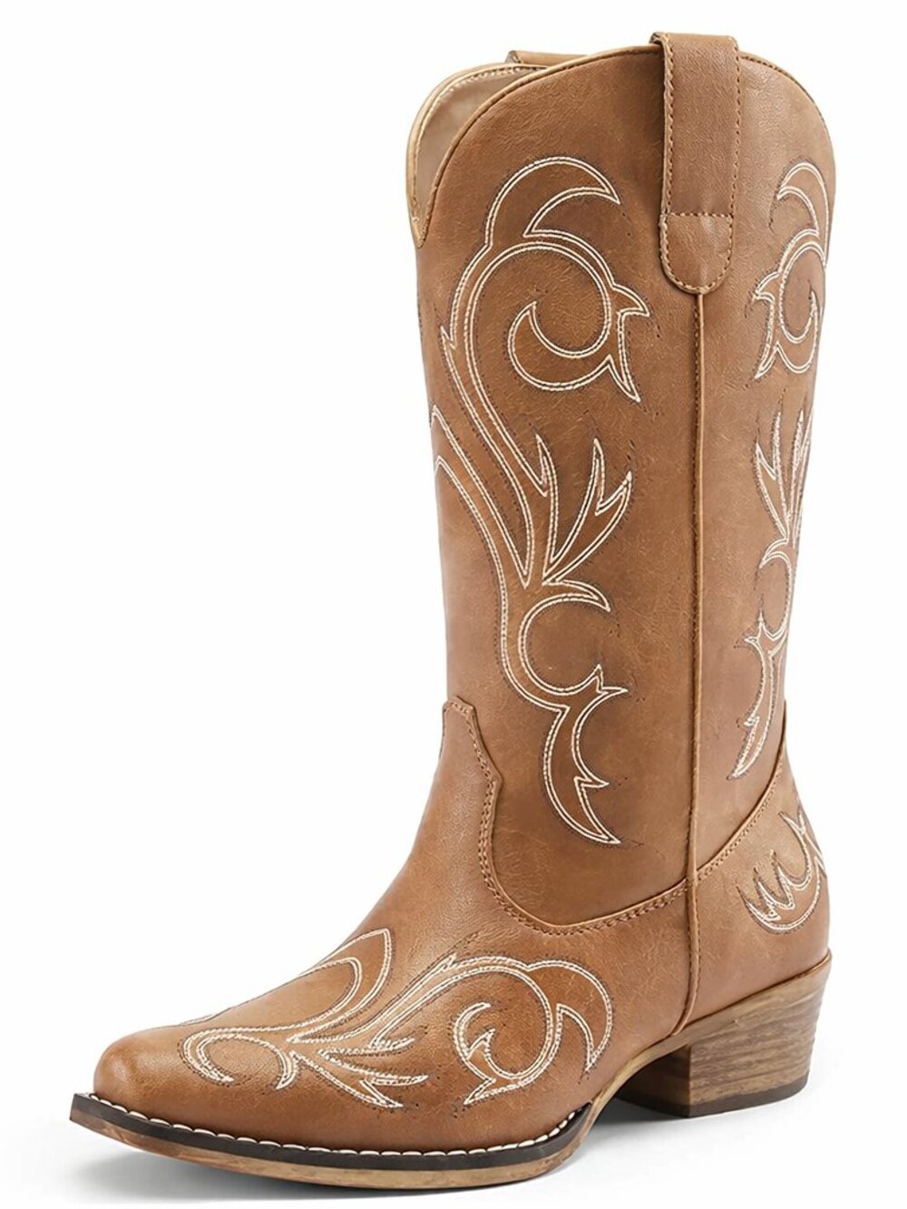 Women's Tan Faux Leather Cowgirl Boots Square Toe Chunky Heel Stitched Boots